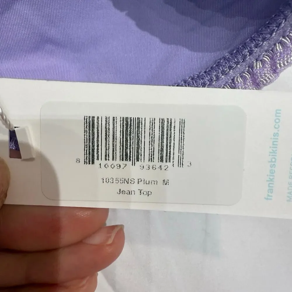 Frankies Bikinis Plum Jean Ruffle Bandeau Bikini Top Sz M NWT